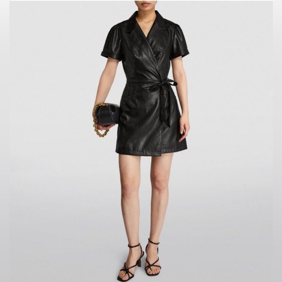 NWT $269 PAIGE Lowen Tie Waist Faux Leather Dress in Black, size X-Small! - Picture 3 of 8